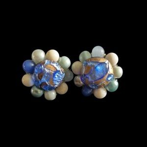 Vintage Silver Tone Clip On Earrings With Blue Accents Marked Japan